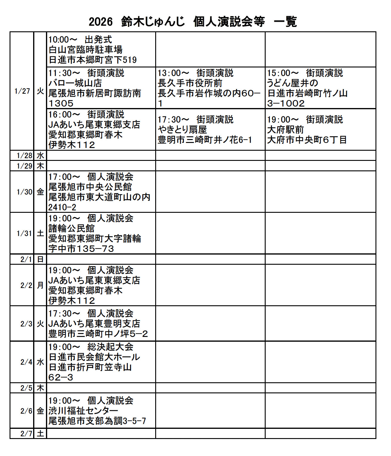 鈴木じゅんじ個人演説会、総決起大会の日時、場所